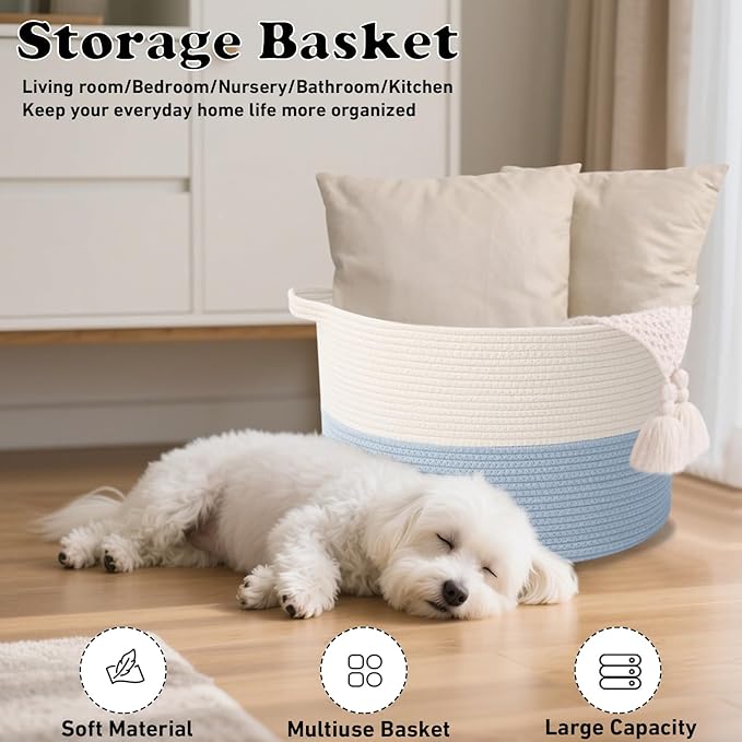 Large Storage Basket with Handle,23.6" x 23.6" x 15.7" Blanket Basket Storage Bins for Organizing,65L Cotton Rope Woven Baskets for Living Room, Nursery ,Bedroom,White&Blue