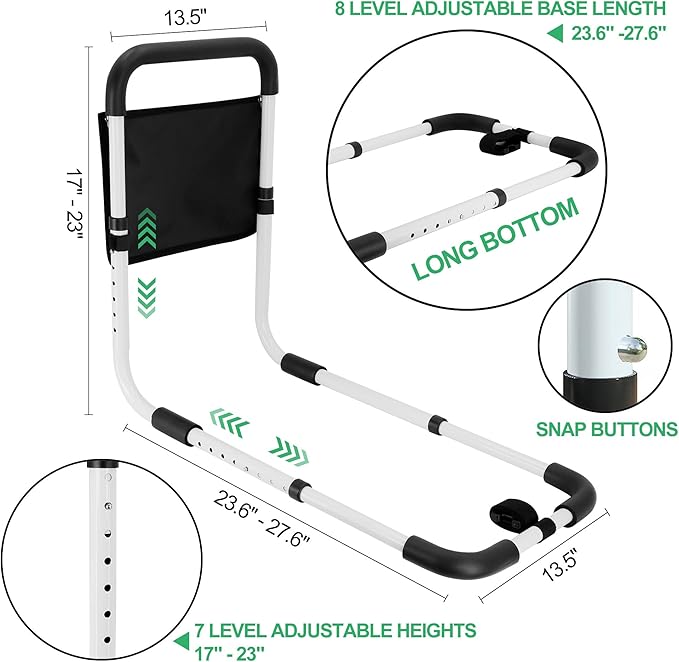 RELIANCER Bed Safety Rail for Elderly Adult,Adjustable Bedside Assist Grab Bar w/Storage Pocket,Bed Side Support Railing for Seniors,Fall Prevent Bedside Handle Bar,Bedside Assist Guard Rails Bed Cane