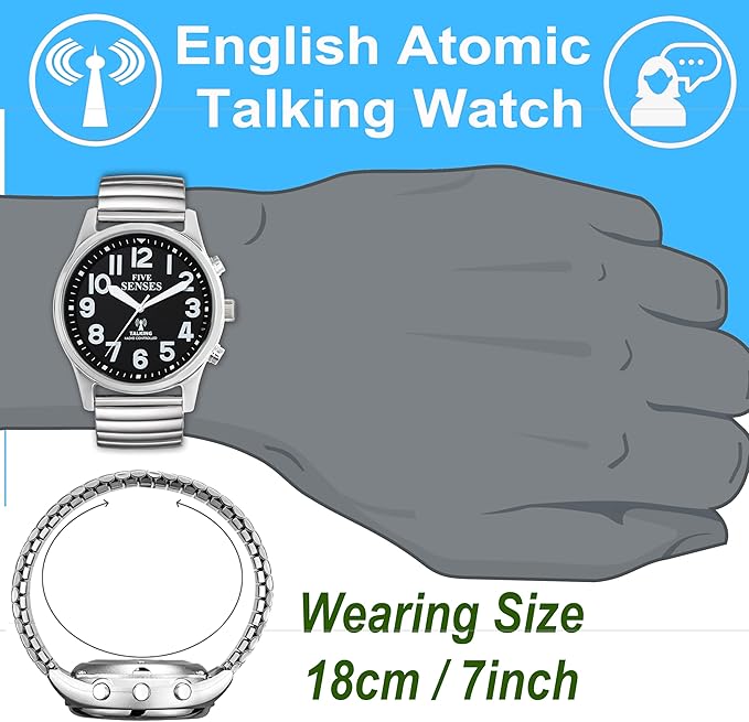 FIVE SENSES English Atomic Jumbo Size (43mm /1.75in) Metal Talking Watch with Loud Alarm Clock for Visually impaired, Elderly Person 1523 (Black)