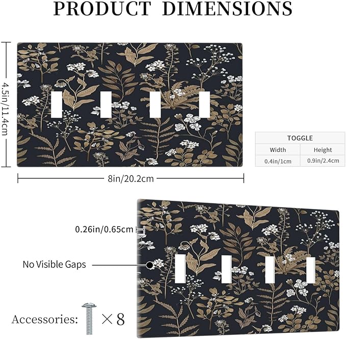 Light Switch Covers Vintage Floral Wildflowers Plant Quad Toggle Electrical Faceplate 4 Gang Wall Plate Decorative Switch Plates for Bathroom Home Decor