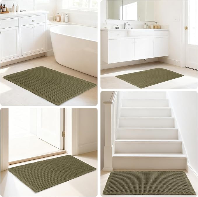 Hiasan Waffle Bath Mat, Super Absorbent Non Slip Bathroom Boho Rug with Tassels, Machine Washable Bath Mats for Bathroom, Ultra Soft Rubber Backed Rug, Grayish Green, 24 x 60 Inches