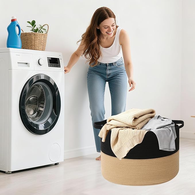 Large Storage Basket with Handle,19.7" L x 19.7" W x 13" H Blanket Basket Storage Bins for Organizing,65L Cotton Rope Woven Baskets for Living Room, Nursery ,Bedroom,Black&Camel