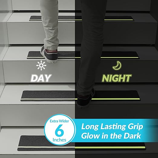 LifeGrip Anti Slip Traction Treads with Glow in Dark Stripe (5-Pack), 6" X 32", Best Grip Tape Grit Non Slip, Outdoor Non Skid Tape, High Traction Friction Abrasive Adhesive for Stairs Step