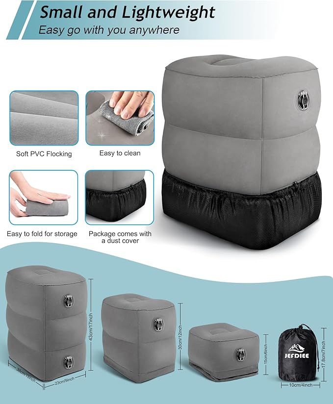 JefDiee Inflatable Travel Foot Rest Pillow,Kids Airplane Bed,Adjustable Height Flight Pillow,Travel Essentials for Airplane,Office,Home,Trains,Cars