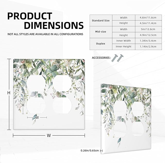 Sage Green Watercolor Eucalyptus Leaves Floral Flowers Outlet Covers 2 Gang Double Duplex Decorative Light Switch Covers Electrical Wallplates Socket Faceplate for Farmhouse Bed Room Decor