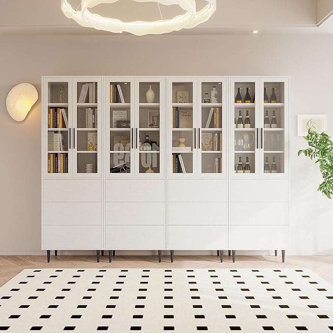 TUSY 70.9“ H Bookshelf with Glass Doors, 5-Tier Display Curio Cabinet with Drawers, Narrow Display Bookcase for Home, Office, Clinic, Pantry (White, B)