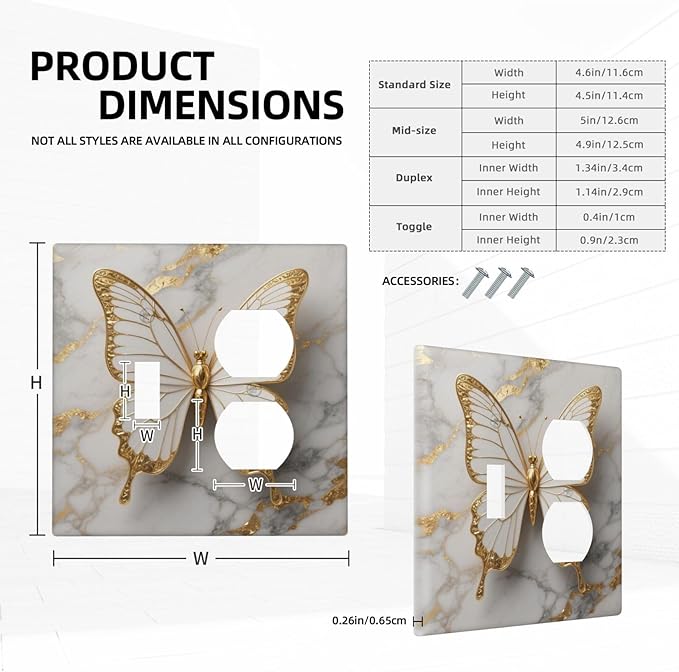Gold Marble Shine Butterfly Abstract Modern Print Wallplates 1 Toggle 1 Duplex Switch Plate Electrical GFCI Faceplate Decorative Light Switch Covers for Bed Room Bathroom Decor