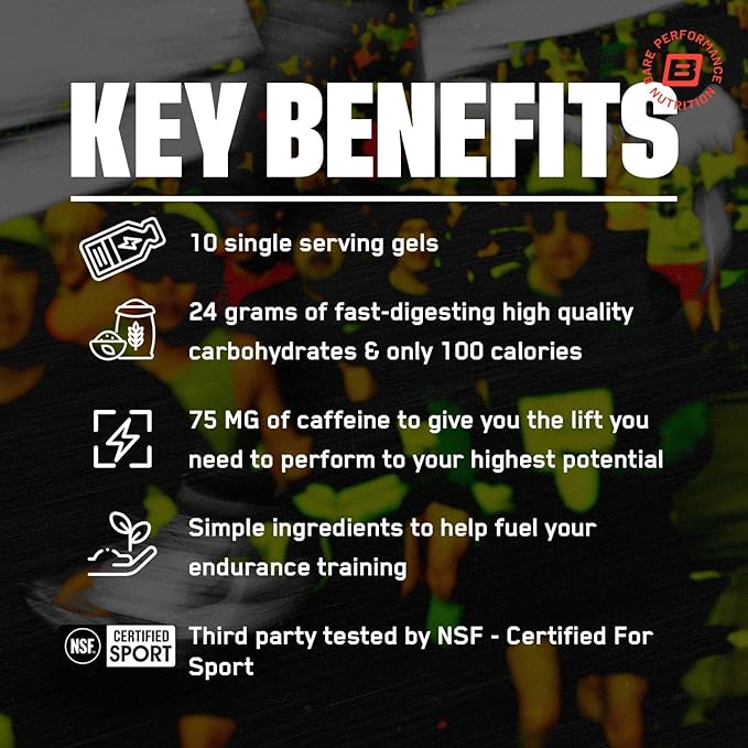 BARE PERFORMANCE NUTRITION, BPN Go Gel Endurance, 24g of Carbohydrates & 100 Calories per Pack, Vegan + Gluten Free Running Gel, 10 Single-Serving Packs, Caffeinated Apple Cinnamon