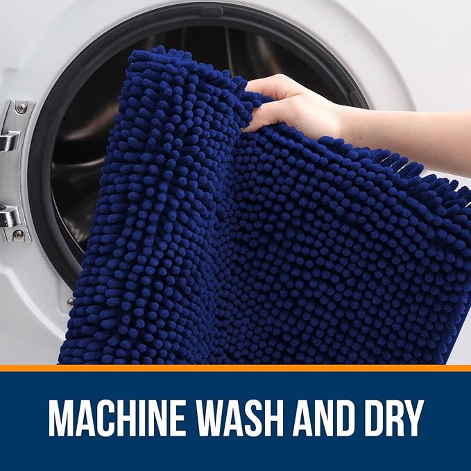 OLANLY Bathroom Rugs Sets 2 Piece, Soft Absorbent Chenille Bath Mats Area Rug Set, Non-Slip, Quick Dry, Machine Washable Bath Mats for Bathroom, Home Decor Accessories (47"x20"+24"x16", Navy)