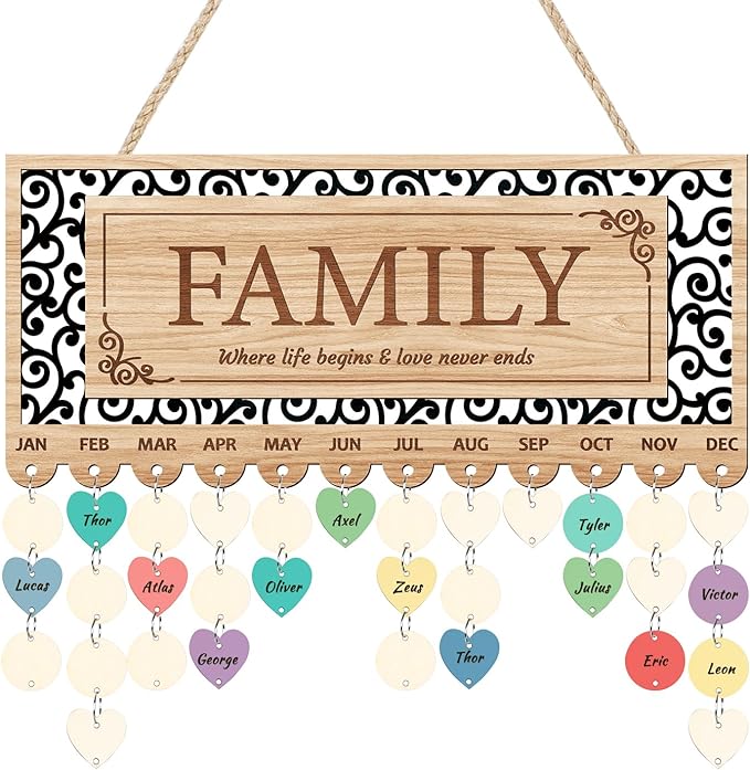 KAlRNE Family Birthday Reminder Board,Birthday Calendar Hanging Wooden Plaques,Rustic Calendar with 100 Tags,Hollow-Out Design Farmhouse Reminder Wood Board,Gifts for Mom Nana Parents Grandparents
