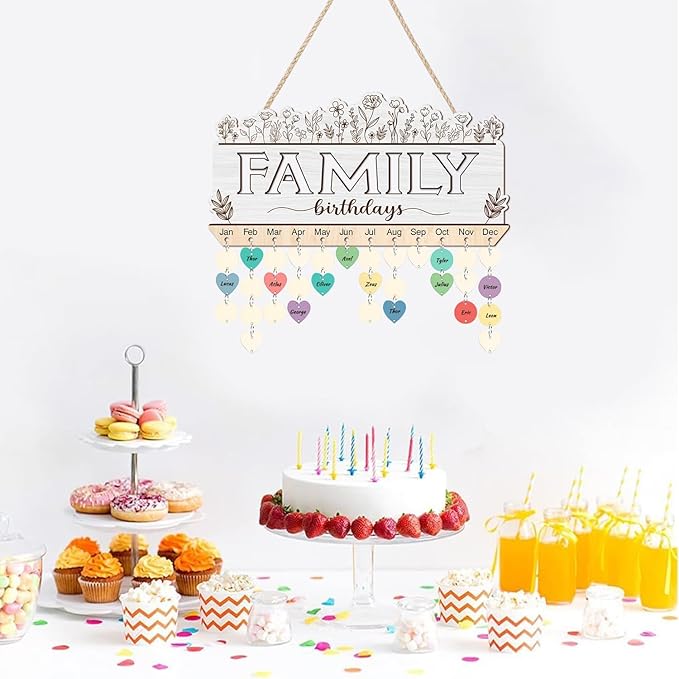 KAlRNE Family Birthday Reminder Board,Decorative Botanical Birthday Tracker Plaque,Anniversary Reminder with 100 Wood Tags,DIY Calendar Plaque Flowers Sign Gift for Family Grandma Mother Day