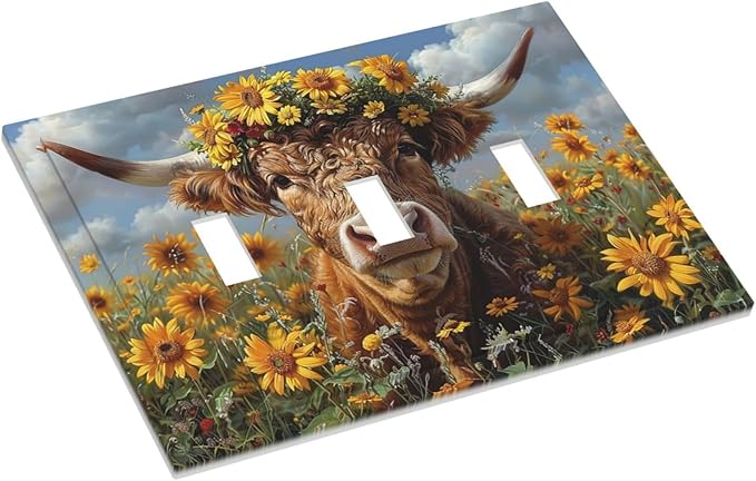 Decorative Switch Plates Vintage Sunflower Highland Cow Rustic Art 3 Gang Wall Plate Triple Toggle Light Switch Cover Faceplate Electrical Wall Panels for Bedroom Farmhouse Decor