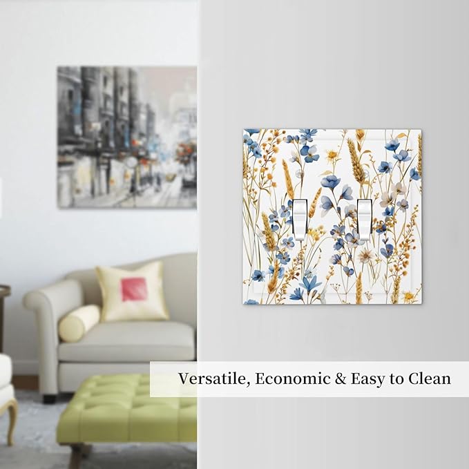 Vintage Wildflower Blue Gold Country Fall Wheat Floral Decorative Switch Plates 2 Gang Double Toggle Outlet Light Switch Cover Wall Plate Electrical Faceplate for Bedroom Living Room Decor