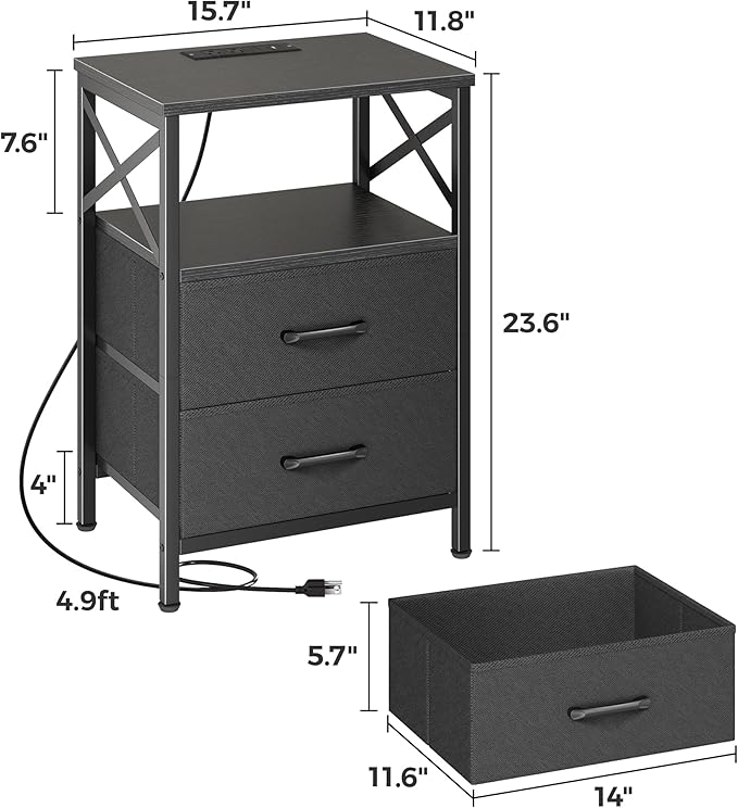 Huuger Nightstands Set of 2, Night Stand with Charger Station, 2 Drawer Side Table with Open Shelf, USB-C Port, End Table for Small Spaces, X Shaped Side Rail, Black