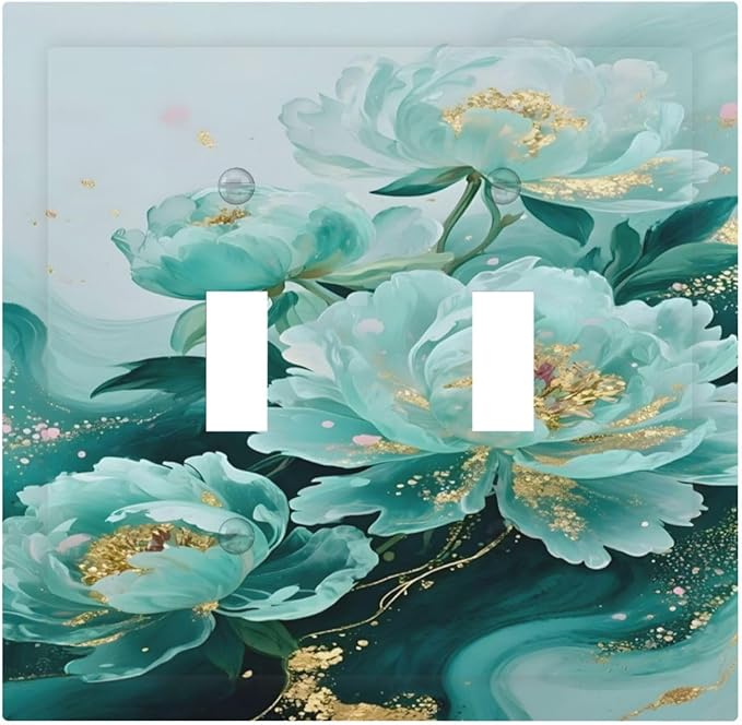 Decorative Light Switch Cover Plate Gold Green Floral Gilt Marble Flower 2 Gang Switch Plate Covers Double Toggle Wall Plate Dual Device Faceplate for Bathroom Decor