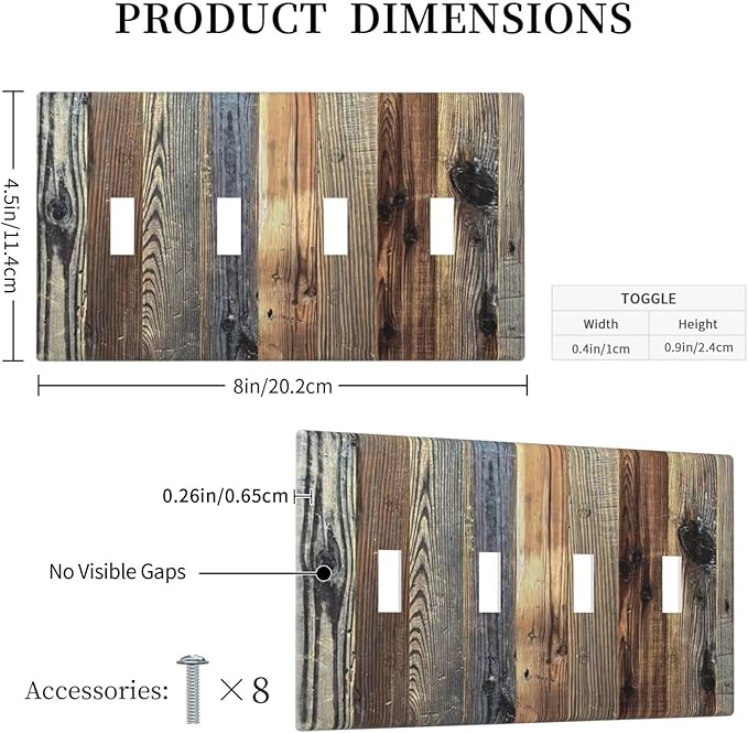 Barn Brown Wood Rustic Weathered Wood Print Light Switch Covers Quad Toggle Electrical Faceplate 4 Gang Wall Plate Decorative Switch Plates for Farmhouse Home Decor