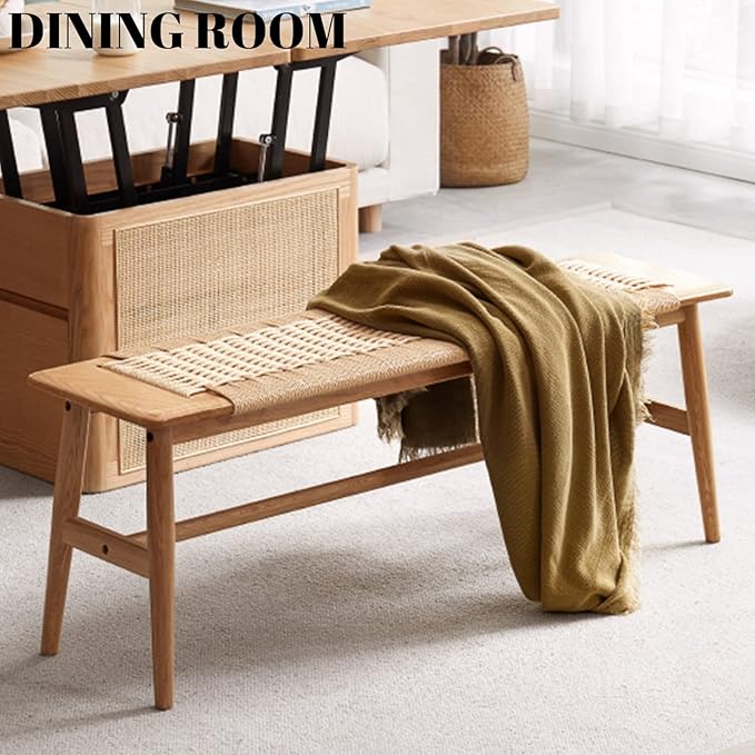 Wood Bench,100% Solid Oak Dining Bench with Woven Design, Sturdy Mortise Bench for Bench,Entryway,Dining,White/Beige Color, 43.31 x 11.81 x 15.98 inch