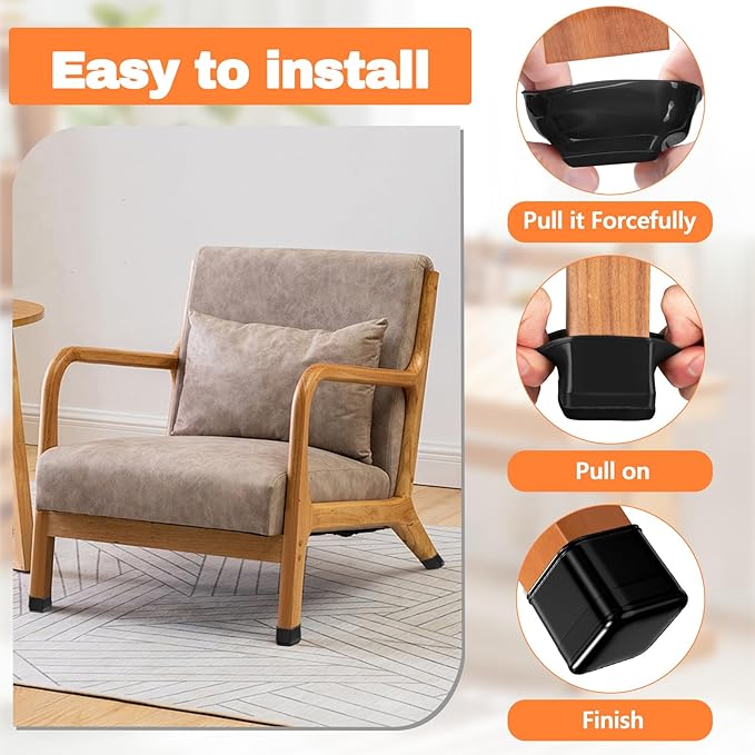 28 Pcs Chair Leg Sliders for Carpet Rug, Square Chair Glides, Silicone Furniture Leg Protectors Caps Kitchen Table Feet Covers with Plastic Pads, No Scratches (Fit:1-1/2"~1-3/4", Black)