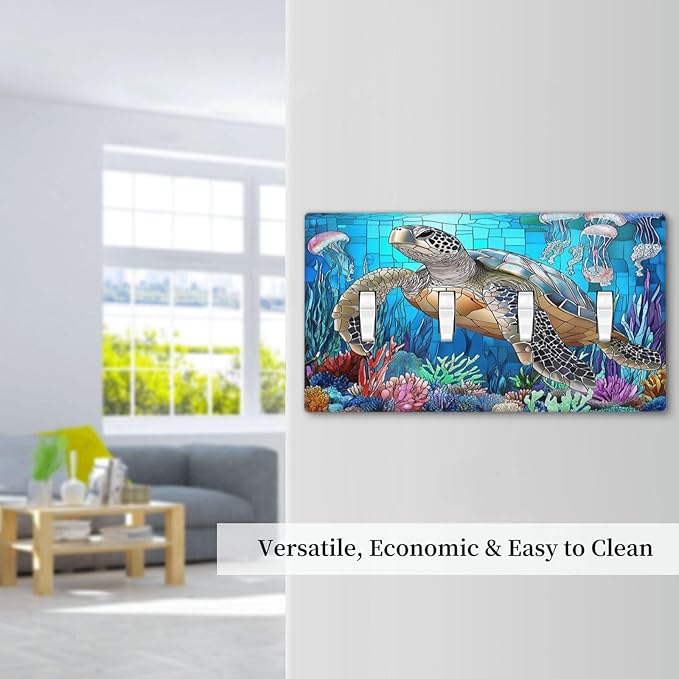 Light Switch Covers Nautical Sea Turtle Coral Jellyfish Quad Toggle Electrical Faceplate 4 Gang Wall Plate Decorative Switch Plates For Kids Room Nursery Decor