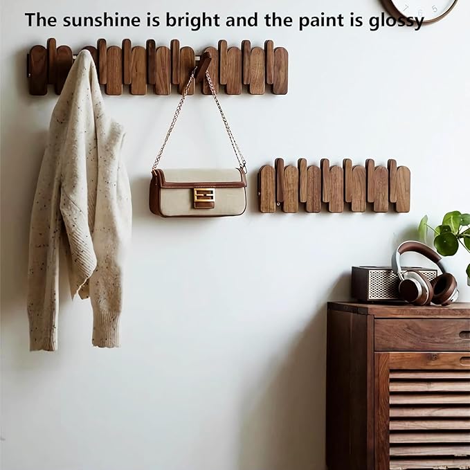 Wall Mounted Piano Key Hanger | Flip Style Hook | Entrance Wall Art Hook, Made of Oak Wood (3 Times Painted, 4 Times Polished) (Arc Walnut-Beech, 6Hooks)