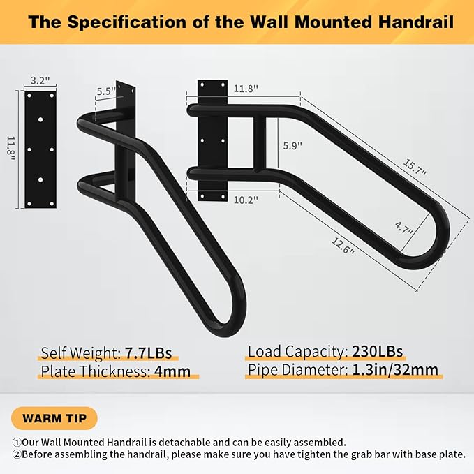 Left Side Wall Mounted handrail, Garge Door Stair Railing for 1-3 Steps(Polished Black, Left Side, 230LBs Loading)