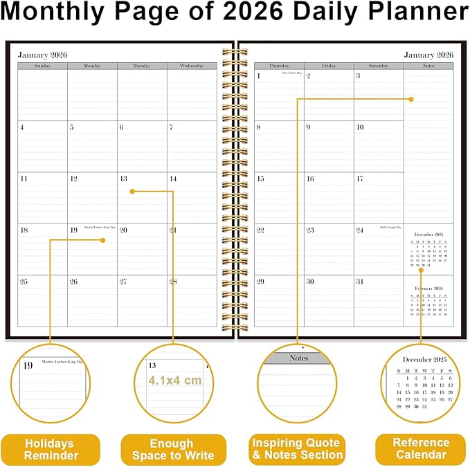 Daily Planner 2026 - Full Page Per Day, Jan 2026 to Dec 2026, 2026 Daily Planner with Spiral Bound, Inner Pocket, Perfect for School Office Supplies, 7'' x 10'', Black