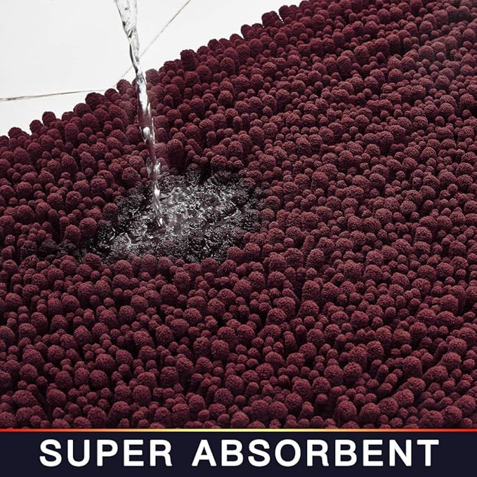 Walensee Bathroom Rug Non Slip Bath Mat (44x24 Inch Burgundy) Water Absorbent Super Soft Shaggy Chenille Machine Washable Dry Extra Thick Perfect Absorbant Best Large Plush Carpet for Shower Floor