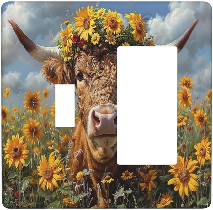 Outlet Covers Vintage Sunflower Highland Cow Rustic Art 1 Toggle 1 Rocker Combination Decorative Wall Plate Electrical Switch Plates Light Switch Cover Plate for Bedroom Farmhouse Decor