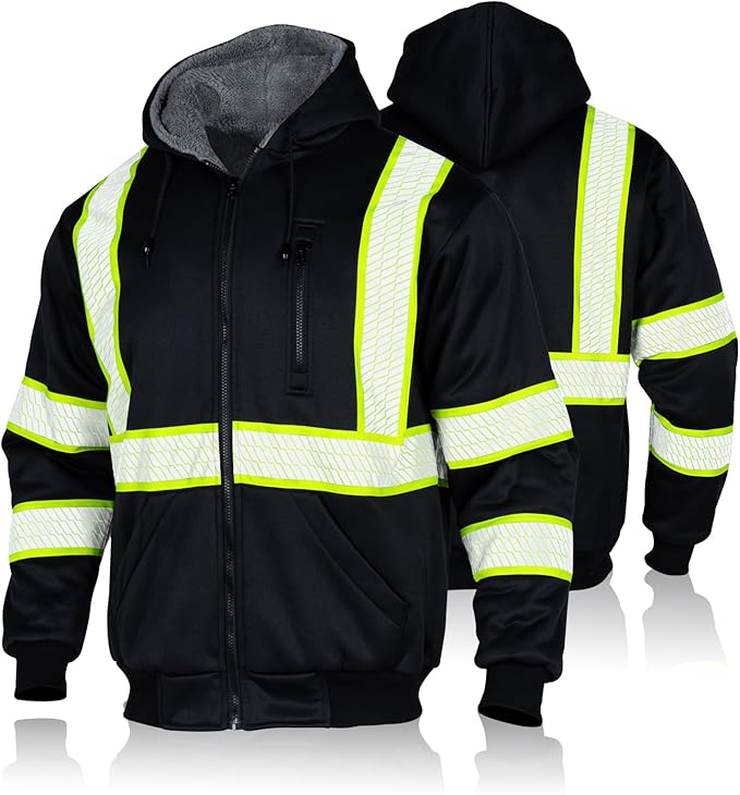 FONIRRA Men's High Visibility Safety ANSI Class 3 Lined Fleece Hoodie Sweatshirt with Black Bottom Jumper Workwear for Men(Black,M)