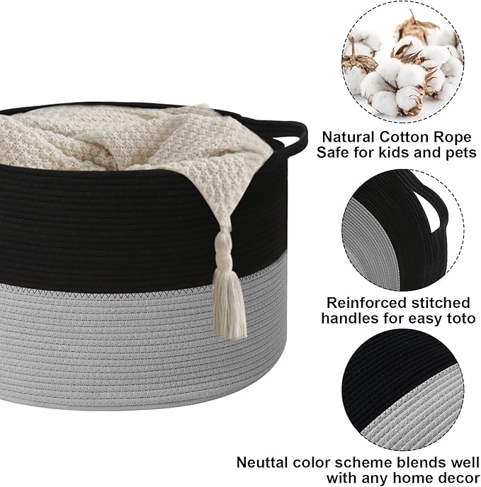 Large Storage Basket with Handle,19.7"x 19.7"x 13" Blanket Basket Storage Bins for Organizing,65L Cotton Rope Woven Baskets for Living Room, Nursery ,Bedroom,Black&Light Grey