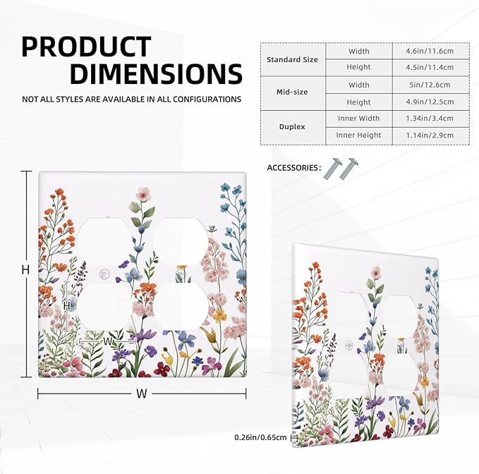Rustic Wild Floral Vintage Colorful Flowers Outlet Covers 2-Gang Duplex Light Switch Covers Decorative Gfci Wall Plate Covers Electrical Receptacle Switchplate Plug Faceplate Bathroom Decor