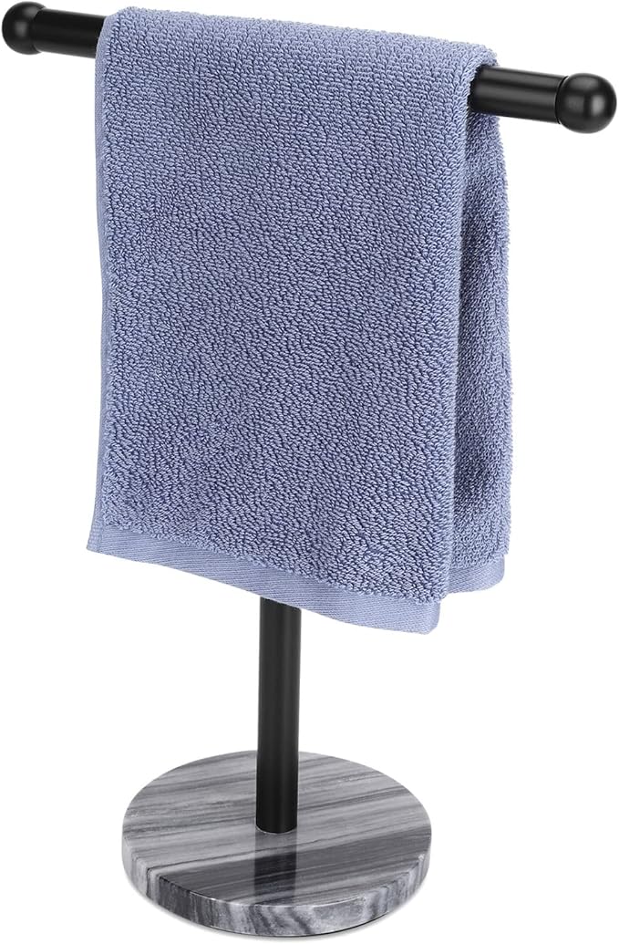 Black Hand Towel Holder Stand with Heavy Marble Base, T-Shape Towel Rack, Free-Standing for Bathroom Vanity Countertop, 304 Stainless Steel (Black)