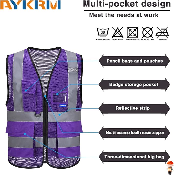 A-SAFETY High Visibility Mesh Safety Reflective Vest with Pockets and Zipper,Hi Viz Work Vest for Men Women (Purple Mesh M)