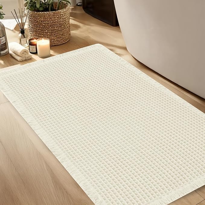 Hiasan Waffle Bath Mat, Super Absorbent Non Slip Bathroom Boho Rug with Tassels, Machine Washable Bath Mats for Bathroom, Ultra Soft Rubber Backed Rug, White, 24 x 60 Inches