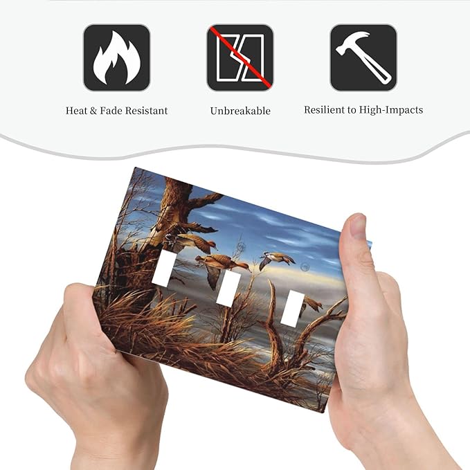 Hunting Flying Wild Ducks Triple Toggle Light Switch Cover Plate Decorative 3 Gang Wall Plate Cover Fall Lakeside Reed Wildlife Animal Mallard 3 Hole Device Electrical Switchplate for Bathroom