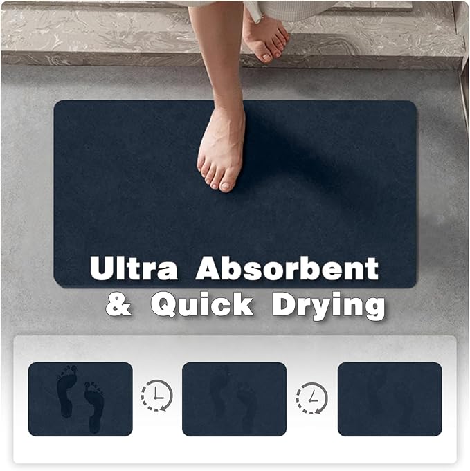 Bathroom Mat Quick Dry, Bathroom Rugs Non Slip Washable Thin Absorbent Bath Mat Fits Under Door Bathroom Floor Mat Perfect for Bath, Shower, or Sink 36"x48" Navy Blue
