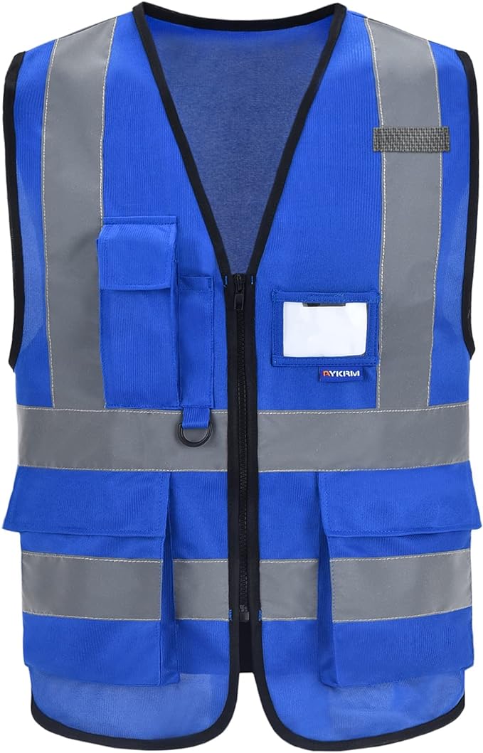 A-SAFETY Blue safety vests Reflective Safety Vest Hi Vis Bright Neon Color with 4 Reflective Strips 8 Pockets, Blue