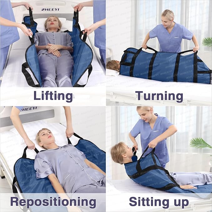 Multipurpose 48" x 40" Positioning Bed Pad with Reinforced Handles - Reusable & Washable Transfer Sheet for Turning, Lifting & Repositioning - Double-Sided Nylon Fabric, Navy Blue