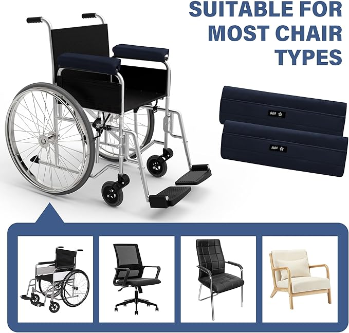 SPRING SEAON Wheelchair Armrest Covers (Pair) - Suede Velvet Memory Foam Accessories Pads for Wheelchair Arm Rest, Office Transport Chairs, Soft Support Cushion for Mobility Aids(Navy Blue)