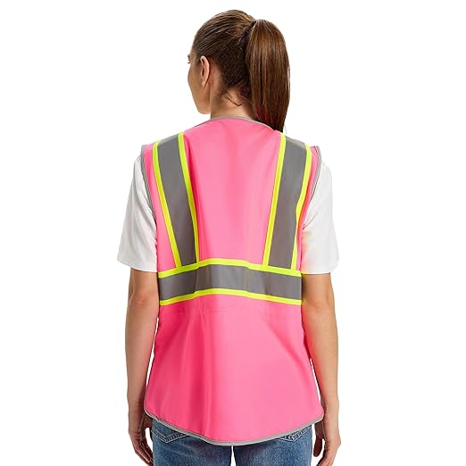 Hi Vis Safety Vest for Women, Working Drawstring waist Construction Vest with Pockets and Zipper, Womens Safety Vest, ANSI Type R Class2, Pink Yellow Strips, XL