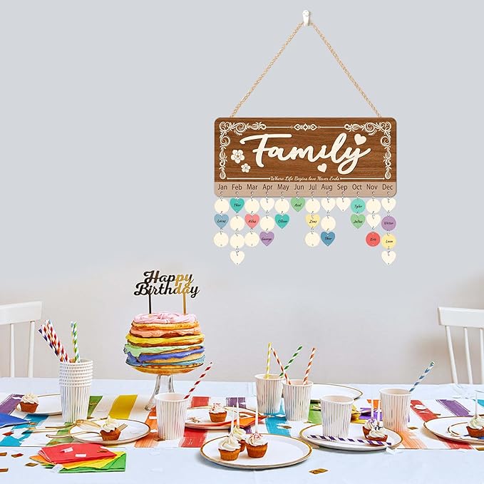 KAlRNE 3D Family Birthday Reminder Board,DIY Birthday Plaques,Rustic Hanging Wooden Calendar,Anniversary Reminder with 100 Wood Tags,Best Christmas for Family Grandmother