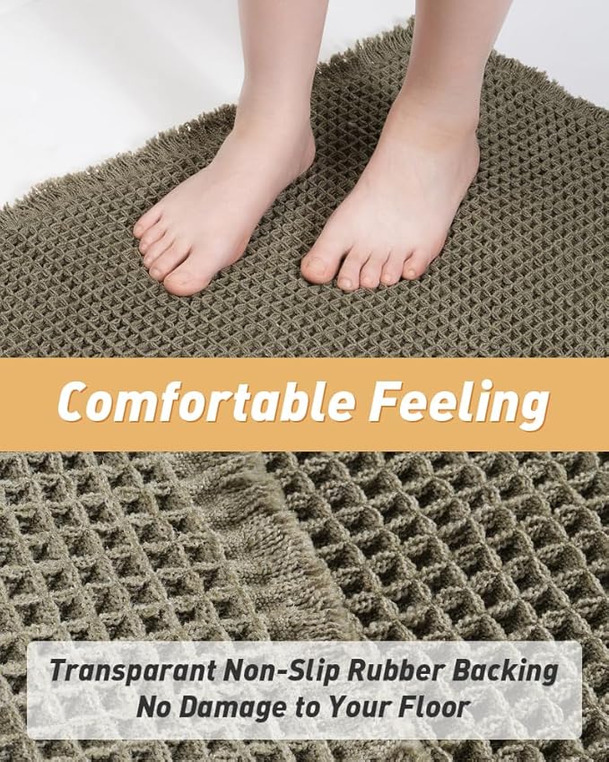 Upgraded Waffle Runner Rug, Super Absorbent Non Slip Bath Mats for Bathroom Floor, Machine Washable Bathroom Runner Rug with Tassels, Ideal for Hallway Bedroom Laundry Room, Dark Green, 17" x 72"