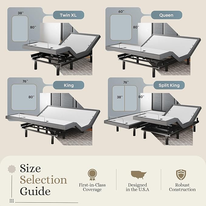Sven & Son Classic Adjustable Bed Base, Head and Foot Lift, Massage, Under-Bed Lights, USB, Gel Memory, Zero Gravity Smart Frame - Queen