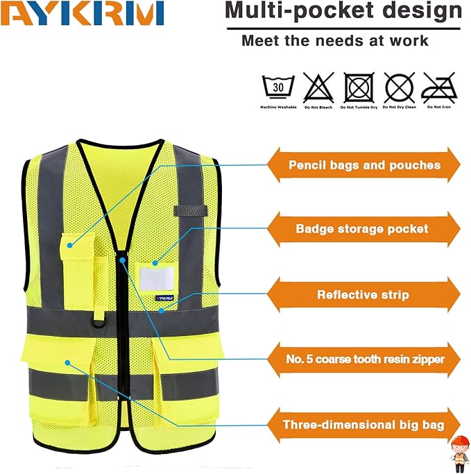 A-SAFETY High Visibility Mesh Safety Reflective Vest with Pockets and Zipper,Hi Vis Viz Reflective Safety Vest(Yellow Mesh L)