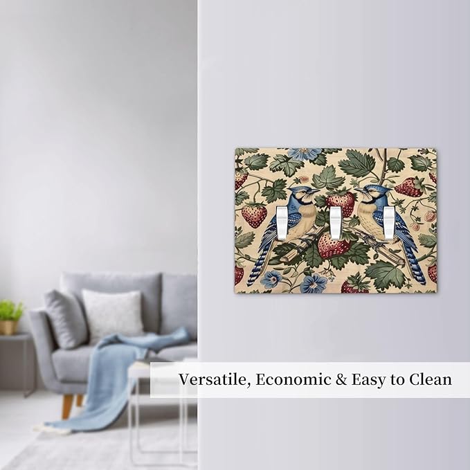 Decorative Switch Plates Vintage Floral Bird Strawberry Thief William Morris 3 Gang Wall Plate Triple Toggle Light Switch Cover Faceplate Electrical Wall Panels for Bedroom Home Decor