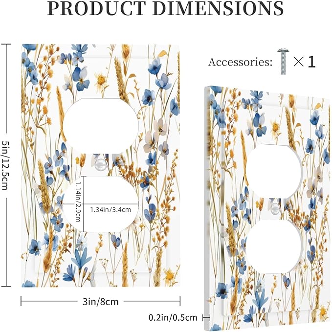 Vintage Wildflower Blue Gold Country Fall Wheat Floral Outlet Covers 1 Gang Duplex Light Switch Cover Decorative Switch Plates Electrical Receptacle Faceplate Wall Plate for Bedroom Living Room Decor