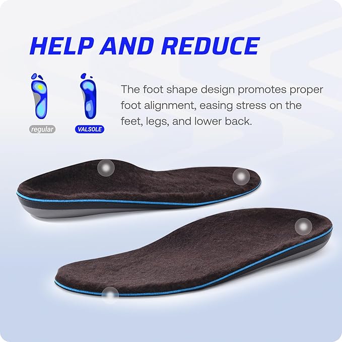 VALSOLE 250+lbs Winter Thermal Wool Insoles for Men Women,Plantar Fasciitis Orthotics Insert,for Flat Feet,High Arch,Foot Pain,Standing All Day Boot Work Shoe Warm Insoles(327mm)
