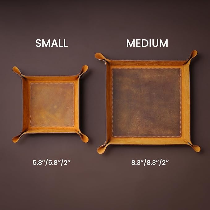 Handmade Leather Catch All Tray and Organizer for Keys, Phones, Jewels, Coins, Square - Small, Light Camel
