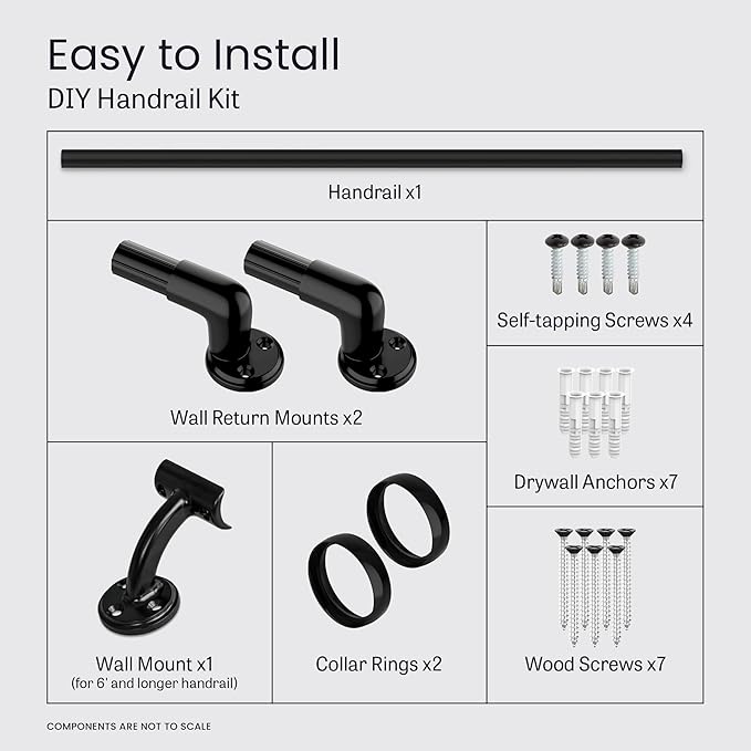 Meranti Aluminum Handrail for Stairs - ADA Compliant Wall Returns - Handrails for Indoor Stairs - Metal Handrail, Powder Coated for Outdoor Environment, DIY Handrail Kit (WHR, Black, 6' Length)