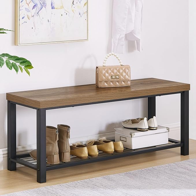 FOLUBAN Entryway Bench, Modern Shoe Storage Bench, Rustic Wood and Metal Entry Bench for Hallway Front Door Entrance, Industrial Indoor Bench for Bedroom Living Room, Oak, 43.3 Inch